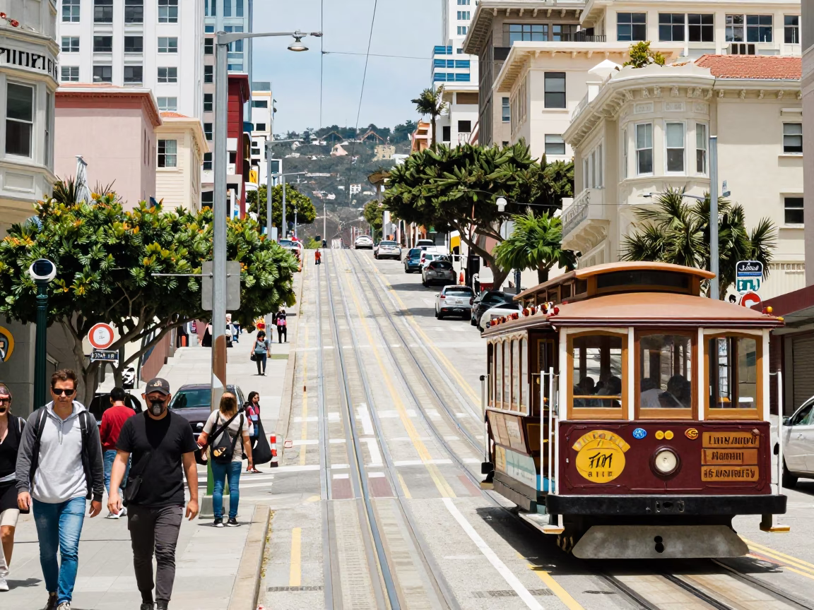 Busy San Francisco Street Scene with Cable Car and Pedestrians in Bright Midmorning Light in in San Francisco, California, United States