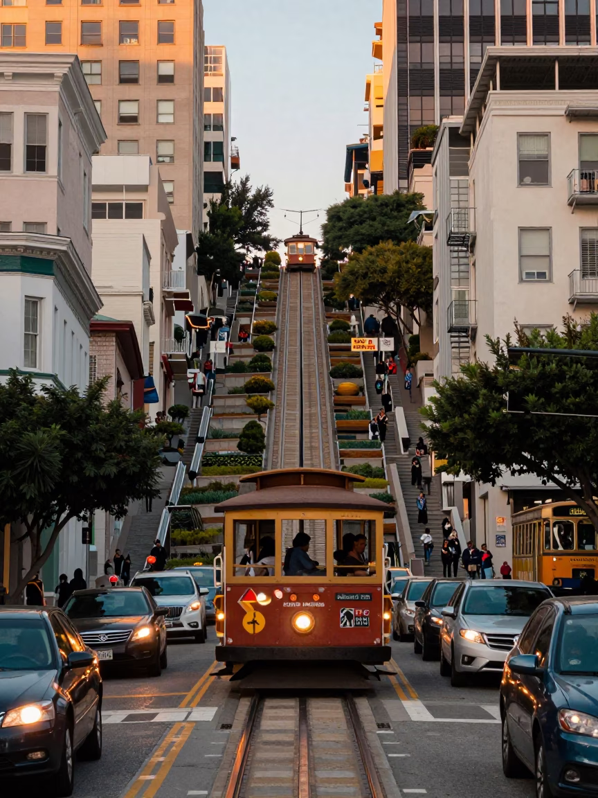 Busy San Francisco Street Scene with Funicular and Evening Traffic in Early 1980s in in San Francisco, California, United States