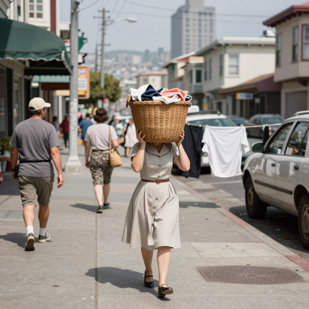 Busy San Francisco Street Scene With Laundry And Local Commerce in in San Francisco, California, United States