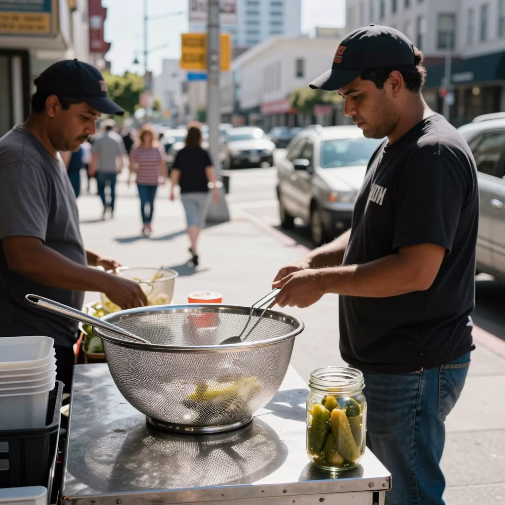 Busy San Francisco Street Scene with Mesh Colander and Pickle Jar at Midday in in San Francisco, California, United States
