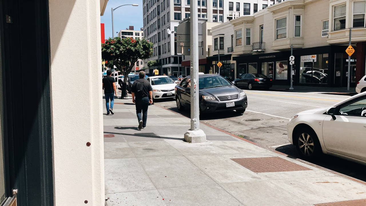 Busy San Francisco Street Scene with Paint Flecks and Urban Details at Midday in in San Francisco, California, United States