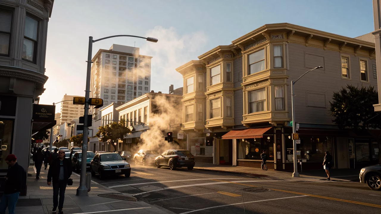 Busy San Francisco Sunset Street Scene with Steam and Urban Details in in San Francisco, California, United States