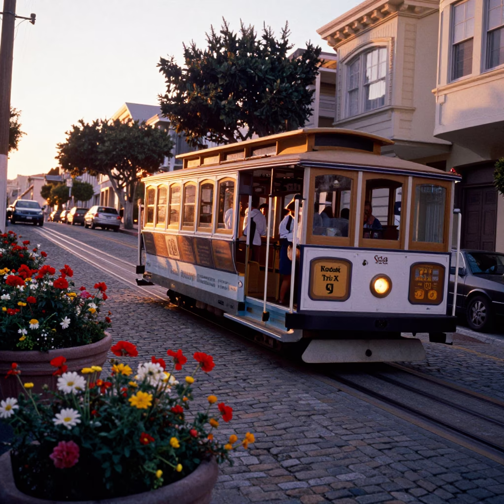Busy San Francisco Sunset Tram Climbing Steep Hill Past Flower Market Stop in in San Francisco, California, United States