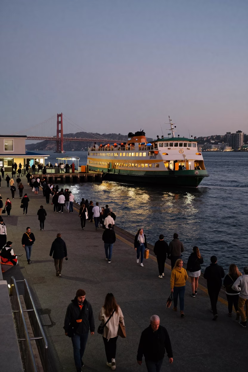 Busy San Francisco Twilight Ferry Dock Scene with Passengers and Bicycles Loading in in San Francisco, California, United States