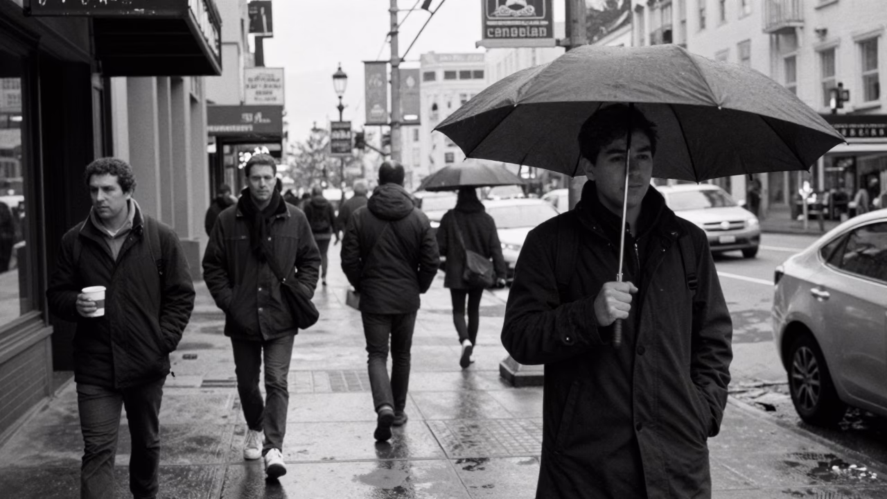 Busy San Francisco Winter Noon Street Scene with Espresso and Umbrellas in in San Francisco, California, United States