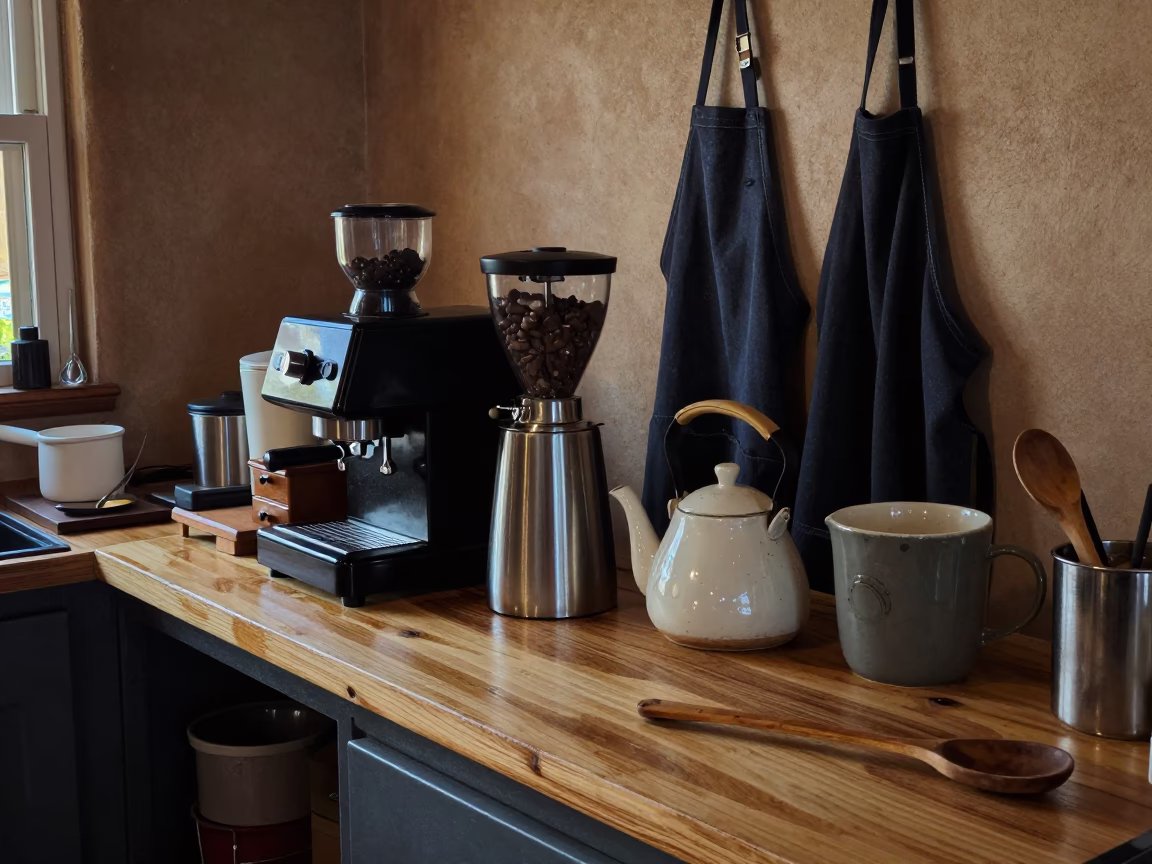 Busy Santa Fe Kitchen Counter with Coffee Grinder and Aprons in Early Evening Light in in Santa Fe, New Mexico, United States