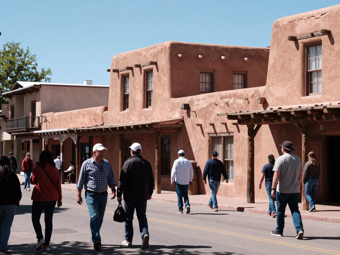 Busy Santa Fe Midday Street Scene with Adobe Architecture and Local Activity in in Santa Fe, New Mexico, United States