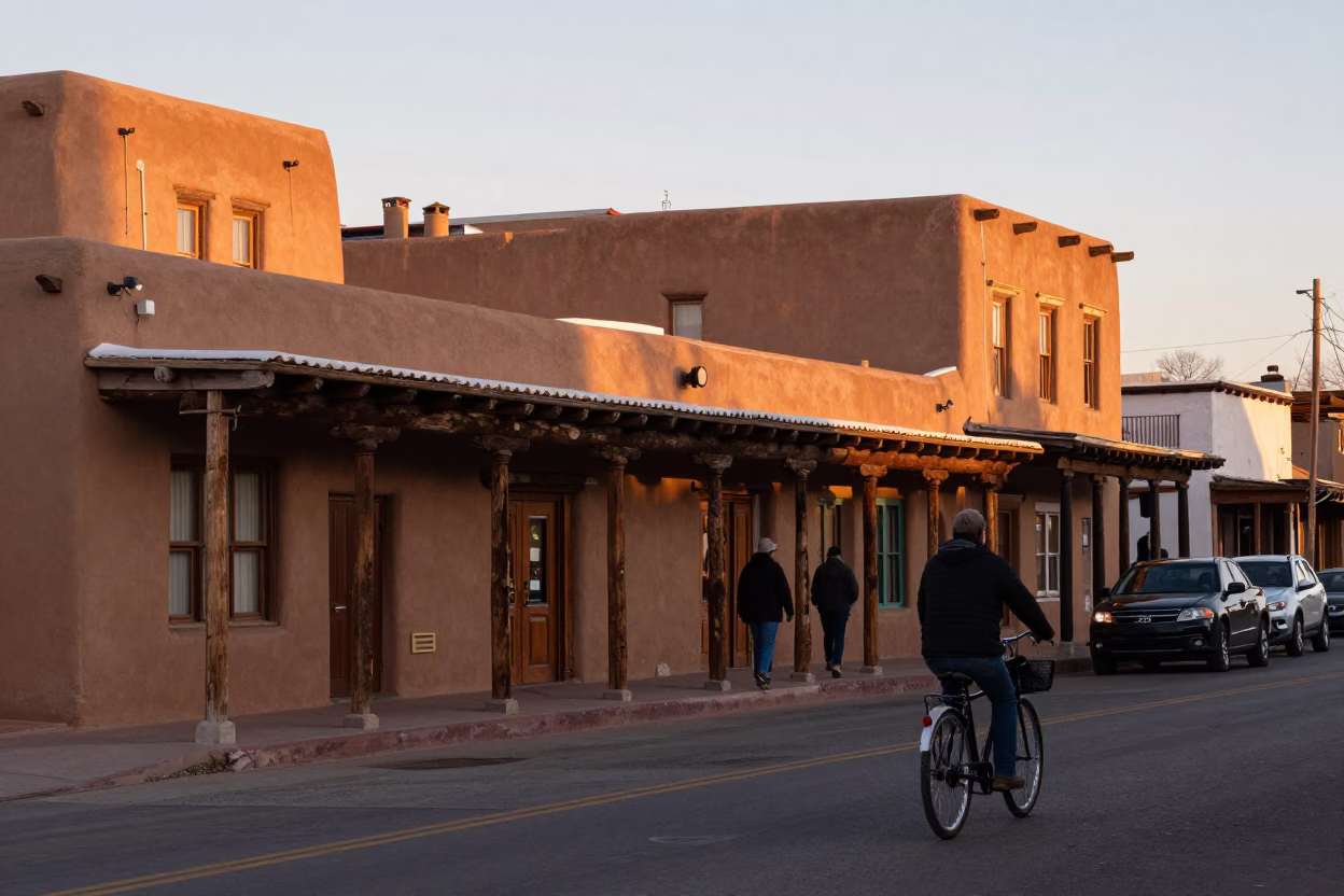 Busy Santa Fe New Mexico Street Scene Early Evening with Bicycle and Local Architecture in in Santa Fe, New Mexico, United States
