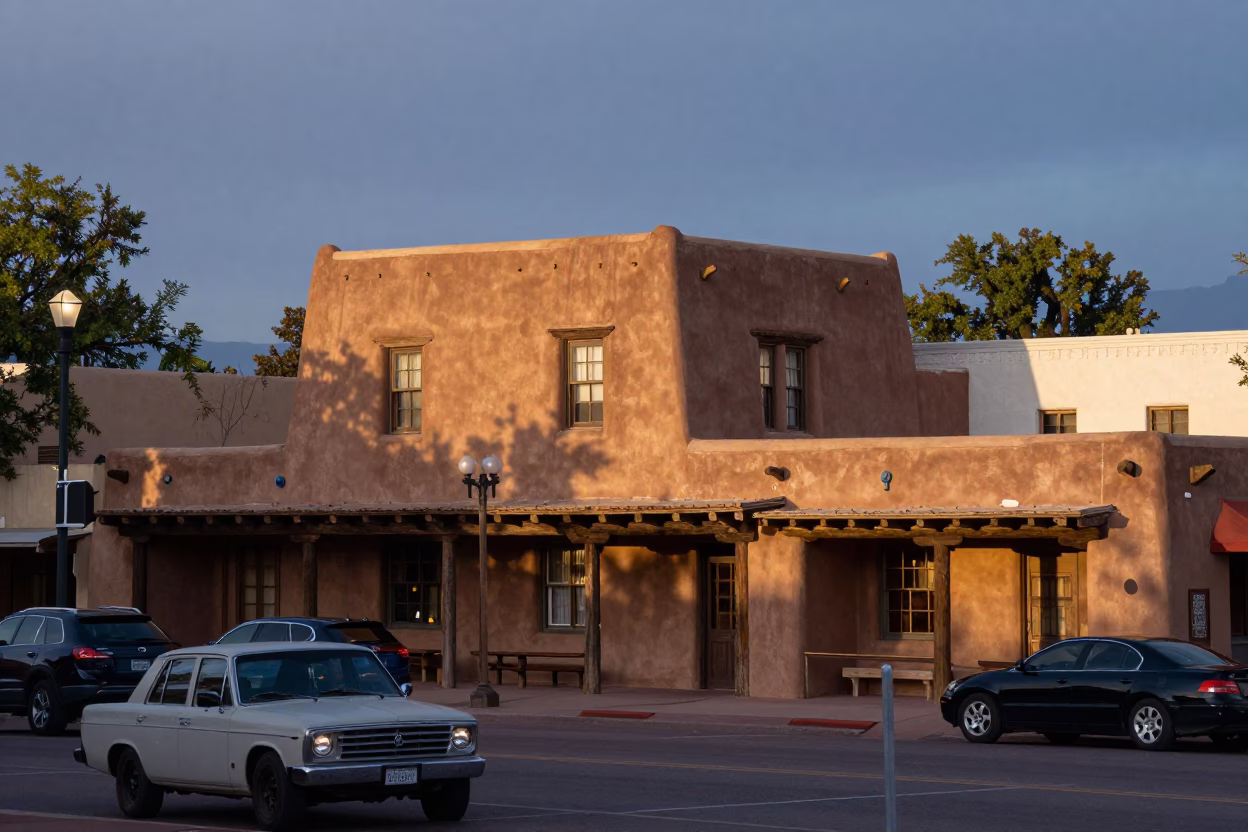 Busy Santa Fe Plaza Evening Scene with Adobe Architecture and Local Activity in in Santa Fe, New Mexico, United States