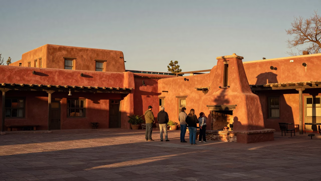 Busy Santa Fe Plaza Evening with Adobe Architecture and Local Life in in Santa Fe, New Mexico, United States