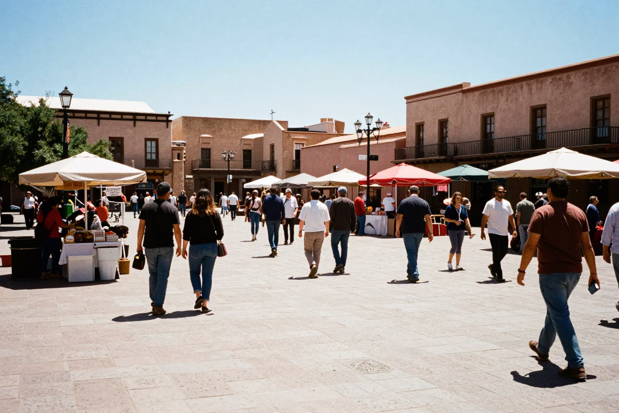 Busy Santa Fe Plaza Noon Light Adobes and Street Vendors in in Santa Fe, New Mexico, United States