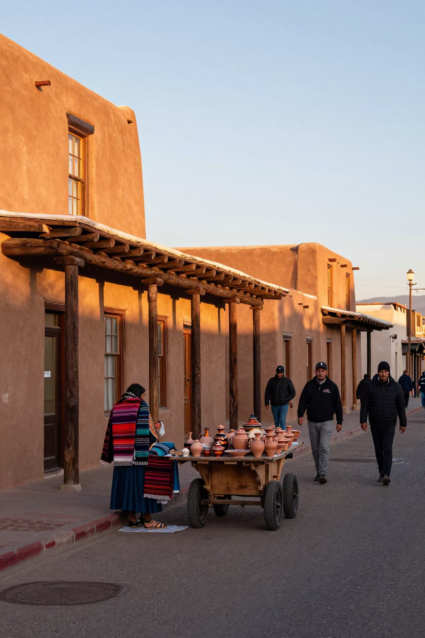 Busy Santa Fe Street Scene Late Afternoon Adobes and Local Life in in Santa Fe, New Mexico, United States
