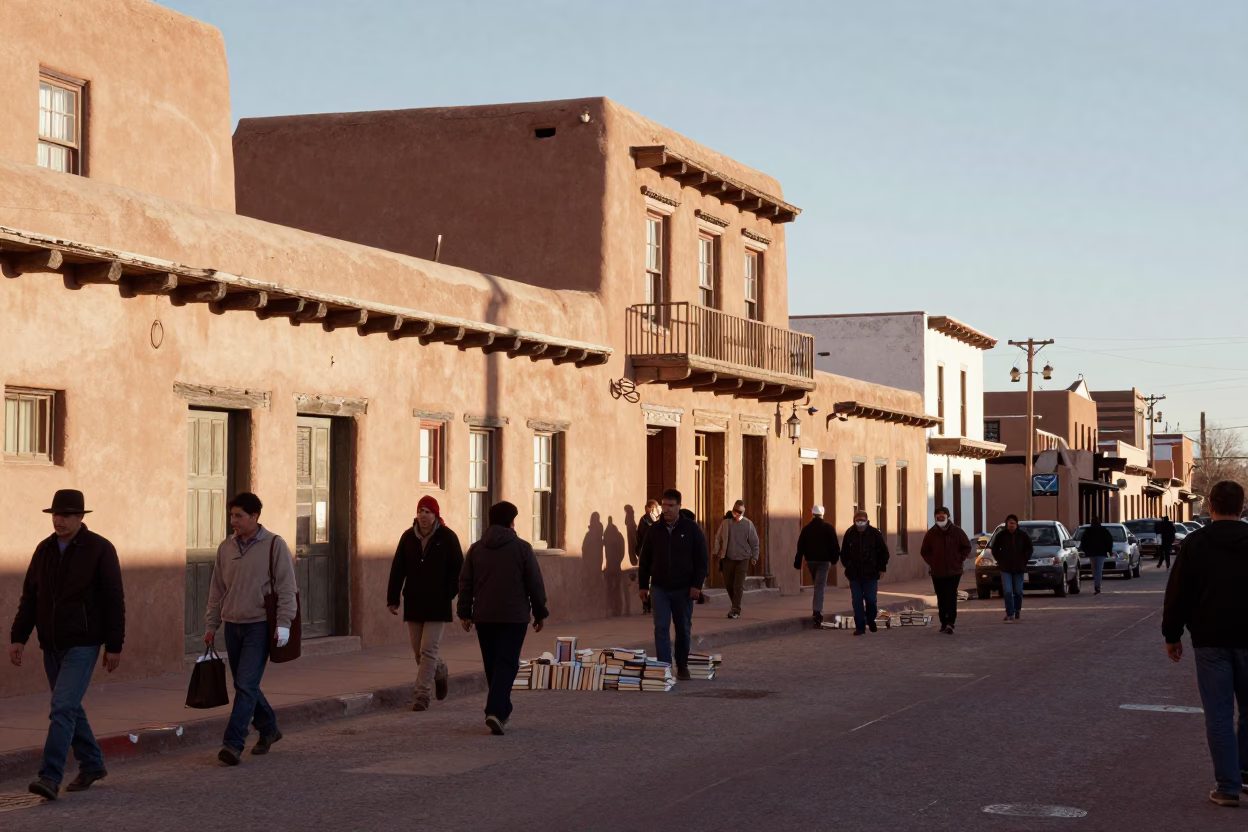 Busy Santa Fe Street Scene Late Morning with Paperbacks and Apples in in Santa Fe, New Mexico, United States