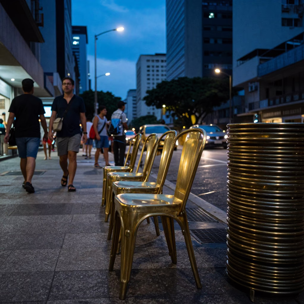 Busy São Paulo Evening Street Scene with Brass Chair and Pickle Jar in in São Paulo, Brazil