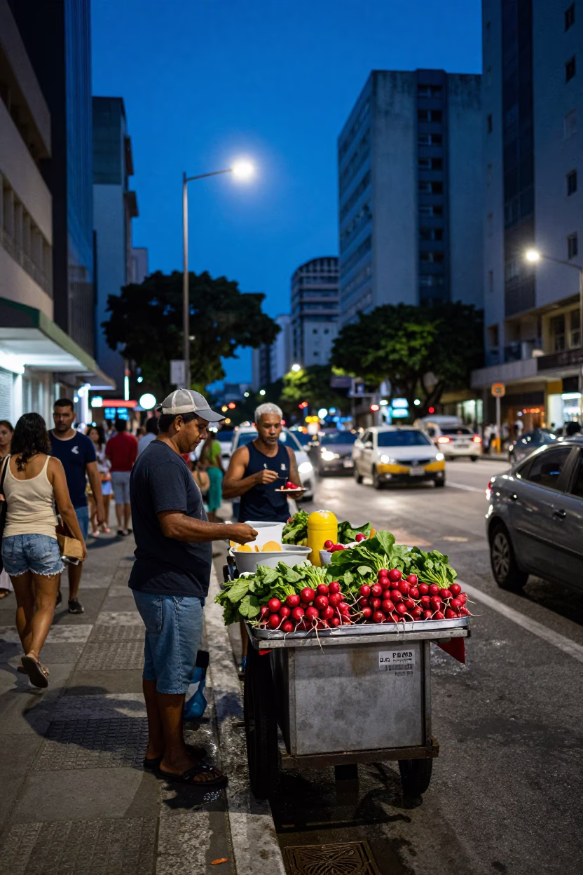 Busy Sao Paulo Evening Street Scene with Food Vendors and Urban Life in in São Paulo, Brazil