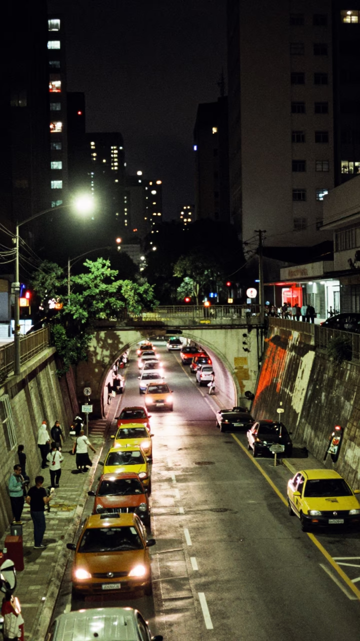 Busy São Paulo Night Street Scene with Tunnel Portal and Concrete Wall in in São Paulo, Brazil