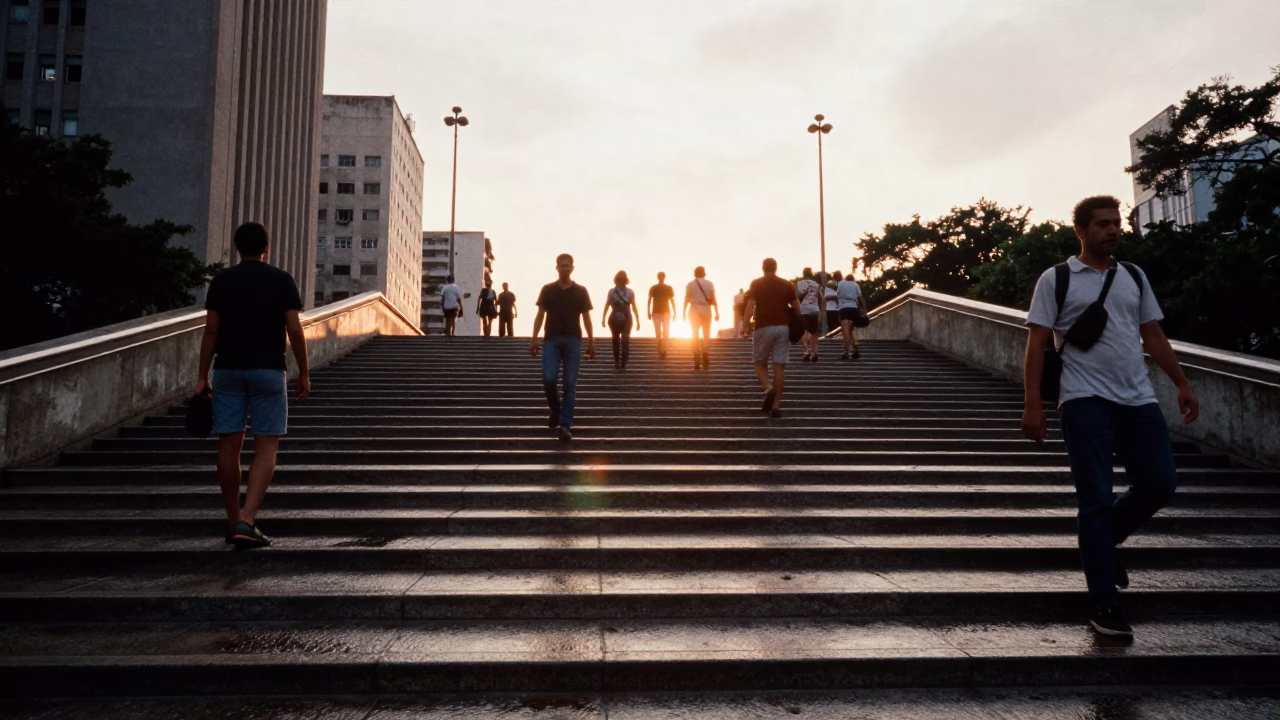Busy São Paulo Pedestrian Overpass at Sunset with Wet Footsteps and Metal Railings in in São Paulo, Brazil