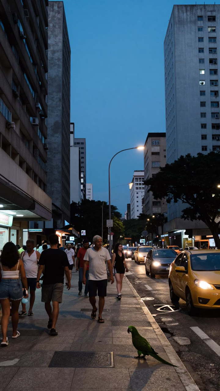 Busy São Paulo Street Corner at Dusk with Parrot on Shoulder and Jar in in São Paulo, Brazil