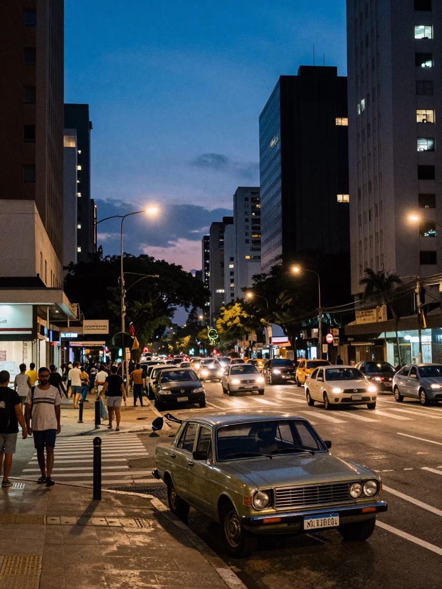 Busy São Paulo Street Corner at Indigo Twilight with Vintage 1980s Aesthetic in in São Paulo, Brazil