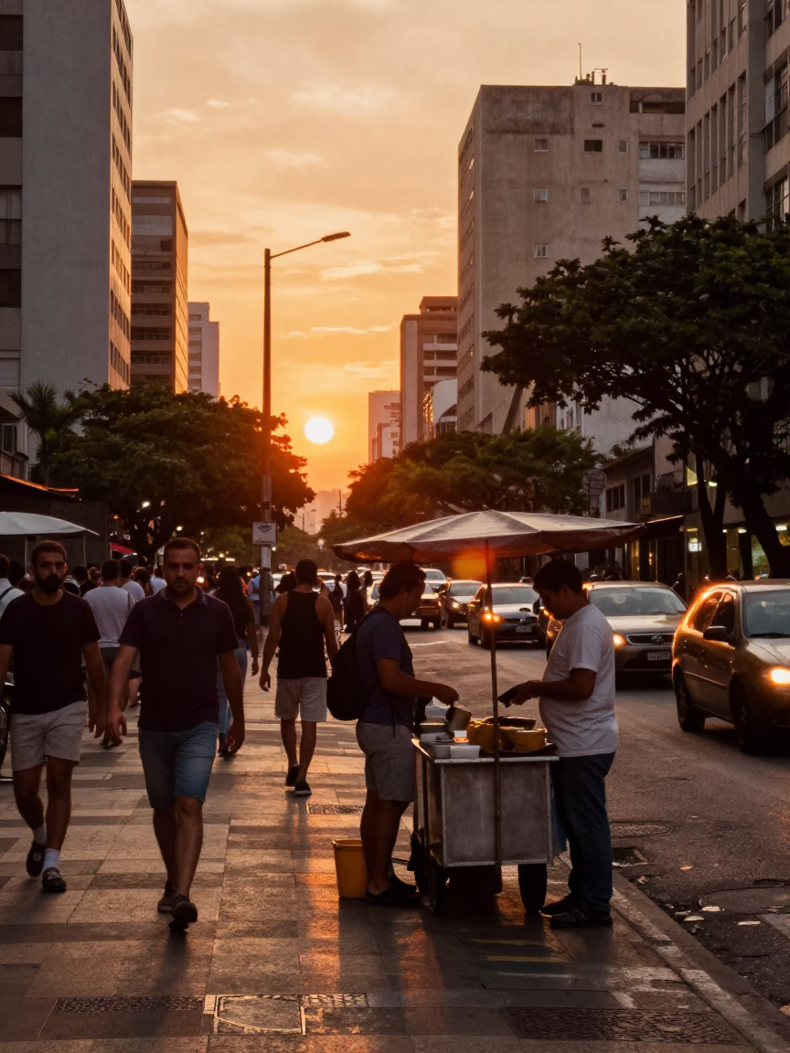 Busy São Paulo Street Corner at Sunset with Local Vendor and Pedestrians in in São Paulo, Brazil