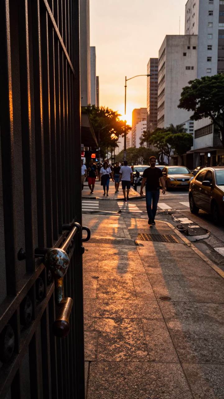 Busy São Paulo street corner at sunset with metal gate handle and deadbolt in in São Paulo, Brazil