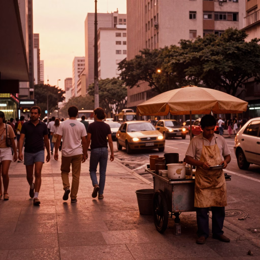 Busy São Paulo Street Corner in Copper-Toned Light Before Dusk in in São Paulo, Brazil