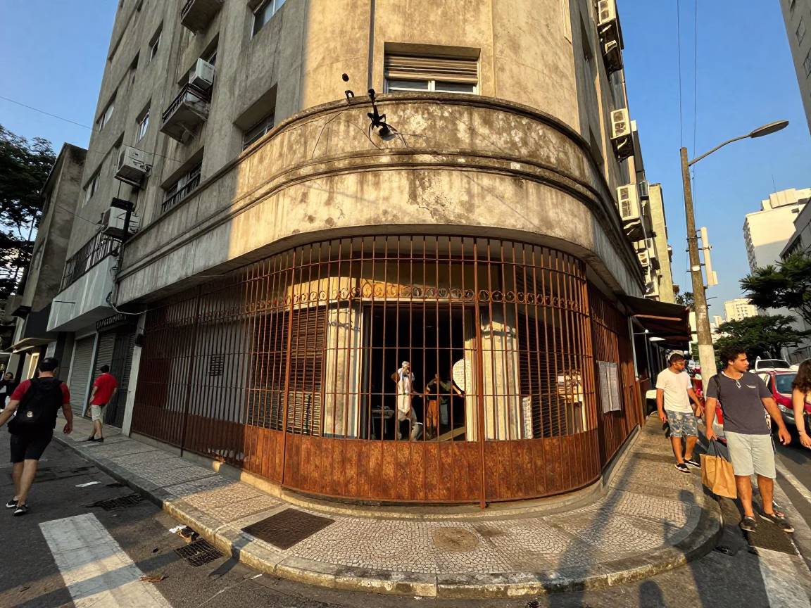 Busy São Paulo Street Corner Late Afternoon with Rusty Gate and Condensation in in São Paulo, Brazil
