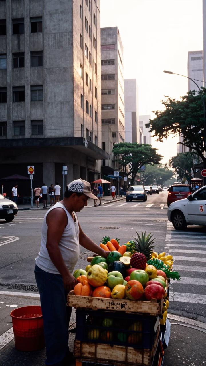Busy São Paulo Street Corner Morning with Fruit Crate and Morning Glory Fence in in São Paulo, Brazil