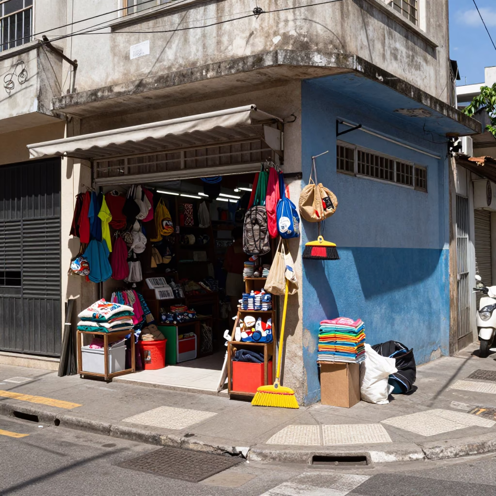 Busy Sao Paulo Street Corner Shop Display Under Flat Noon Light in in São Paulo, Brazil