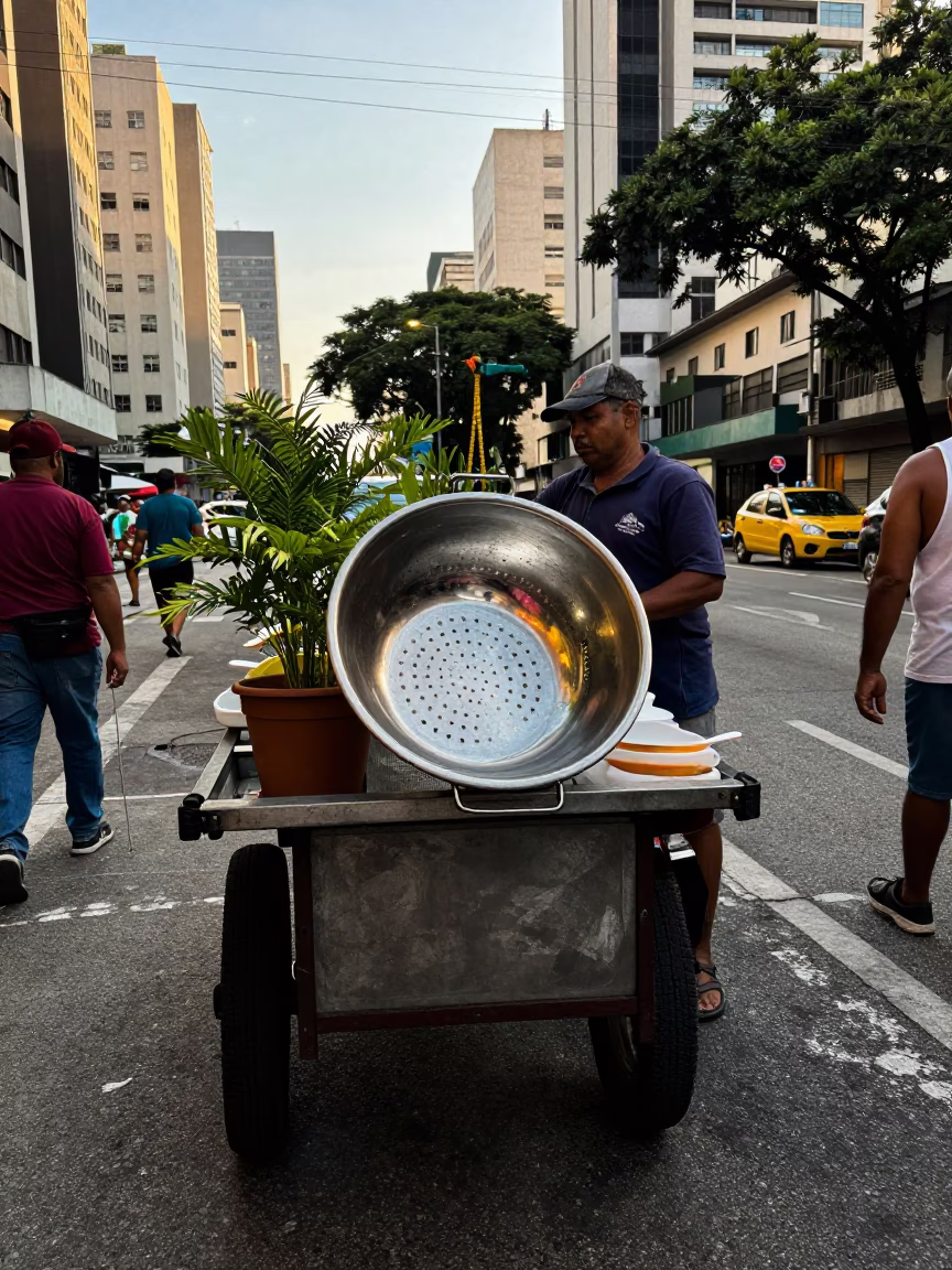 Busy São Paulo Street Corner with Colander and Houseplant in Early Afternoon Sunlight in in São Paulo, Brazil