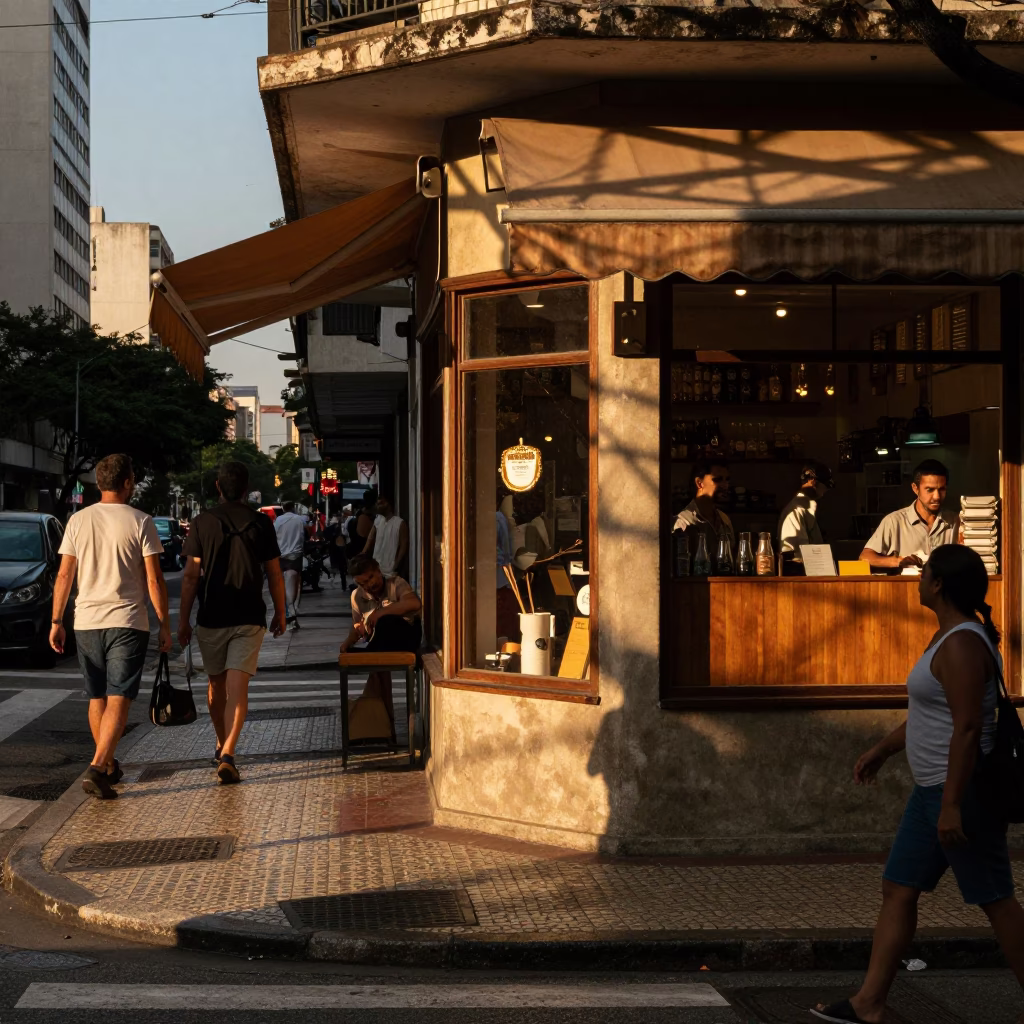 Busy São Paulo Street Corner with Wicker Shadow and Evening Light in in São Paulo, Brazil