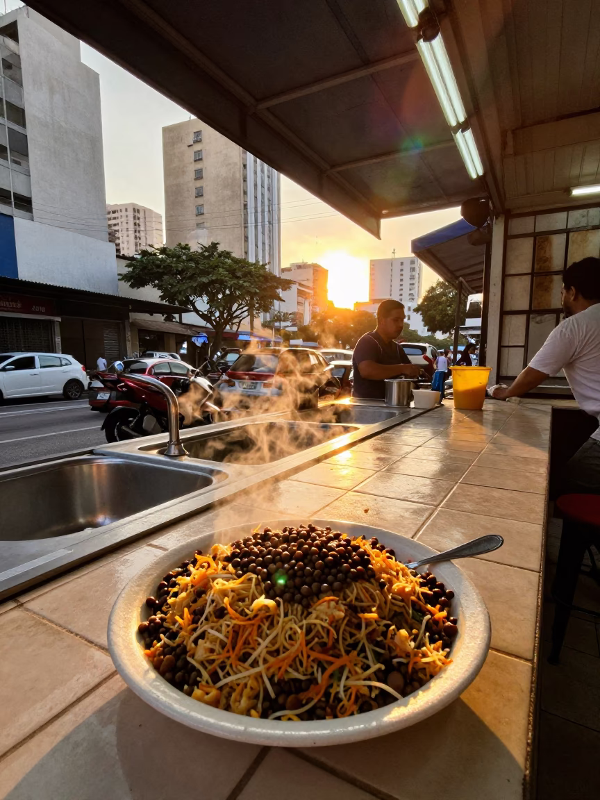 Busy São Paulo Street Kitchen at Sunset with Koshari Plate and Sink Area in in São Paulo, Brazil