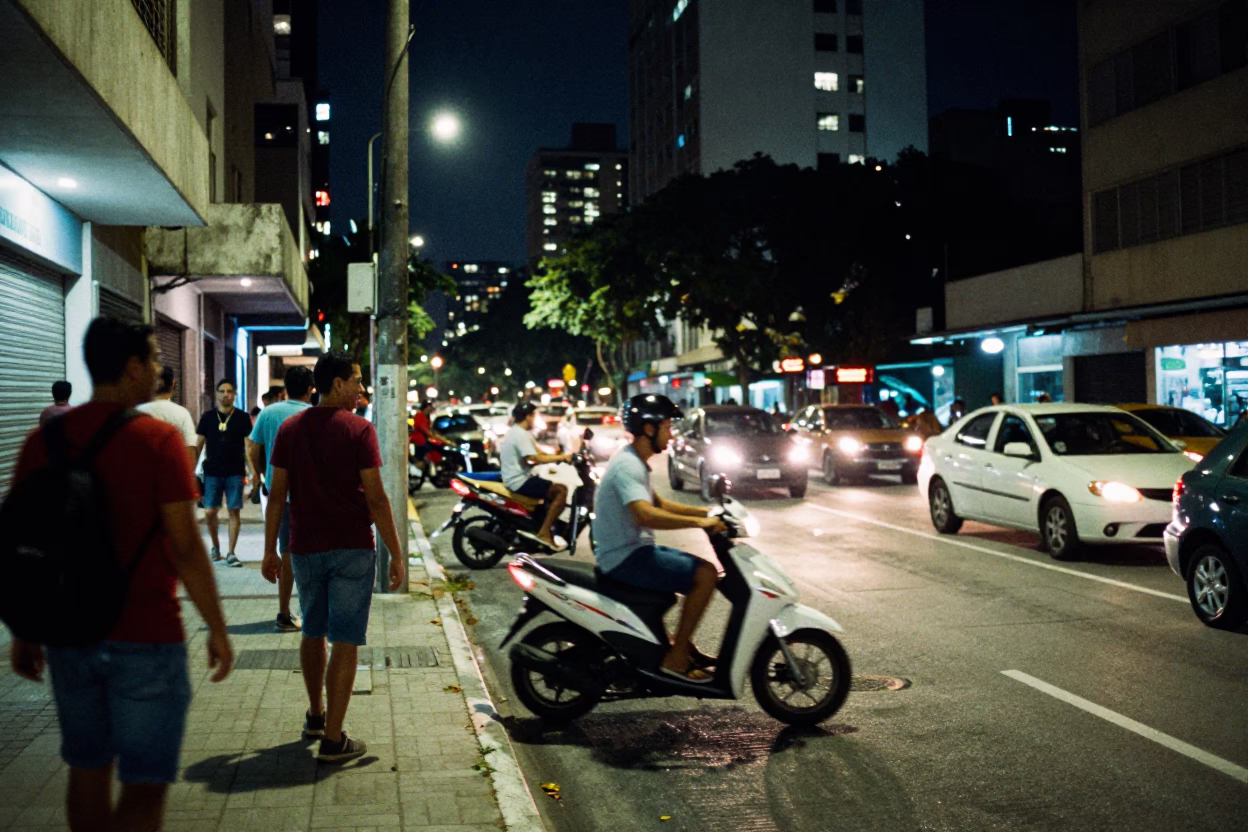 Busy Sao Paulo Street Night Scene with Scooter and Urban Details in in São Paulo, Brazil