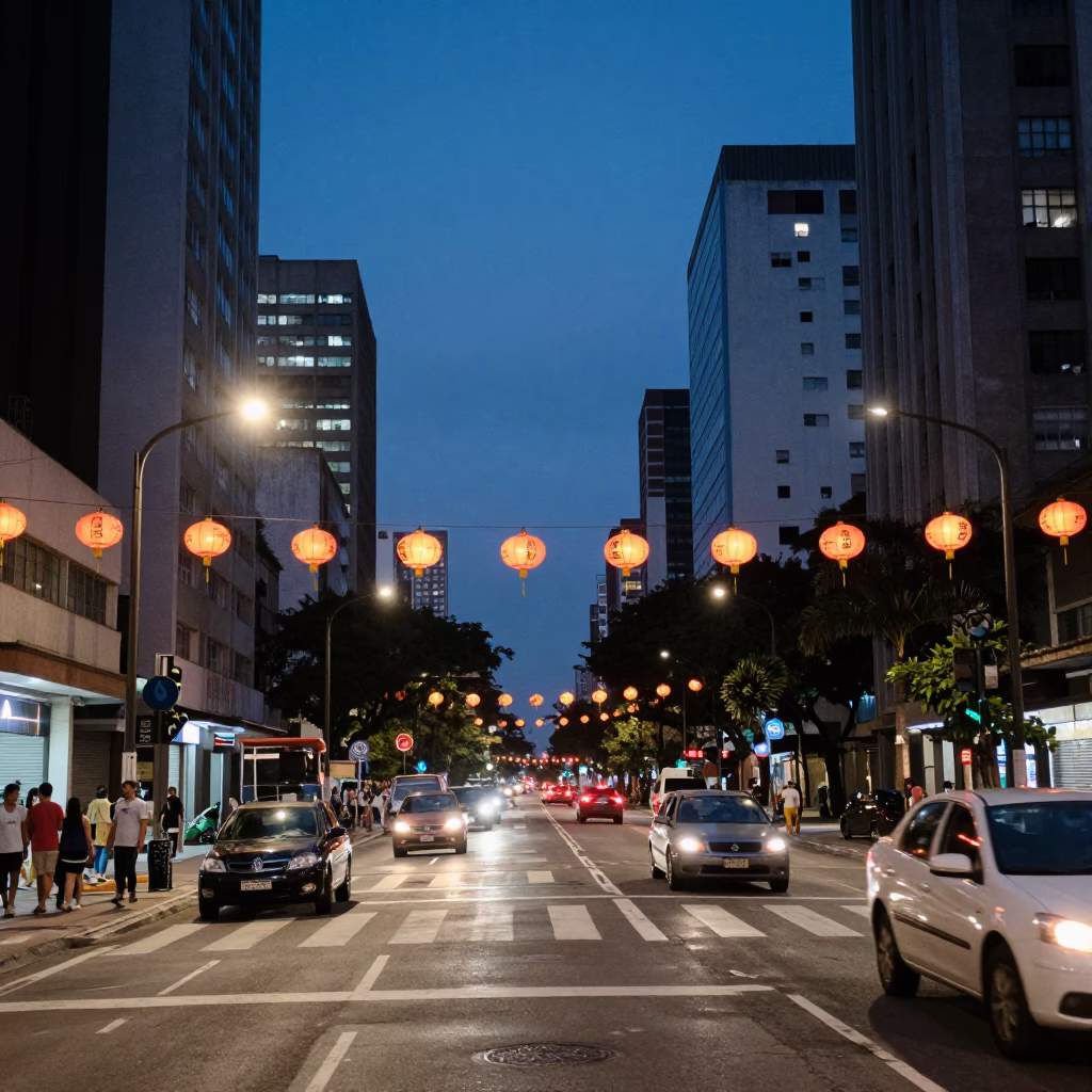 Busy Sao Paulo Street Scene at Blue Hour with Lanterns and Vintage Car Rally in in São Paulo, Brazil