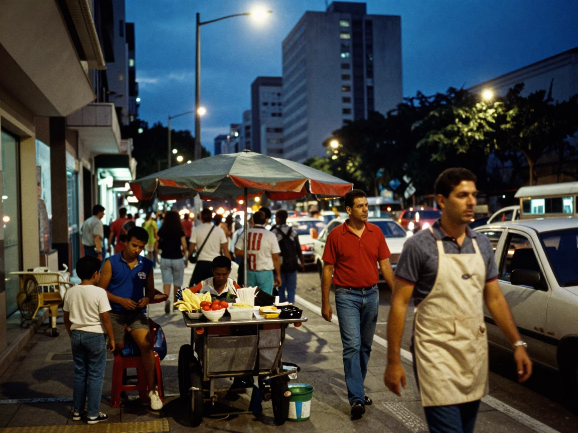 Busy São Paulo Street Scene at Blue Hour with Vintage 1950s Aesthetic in in São Paulo, Brazil