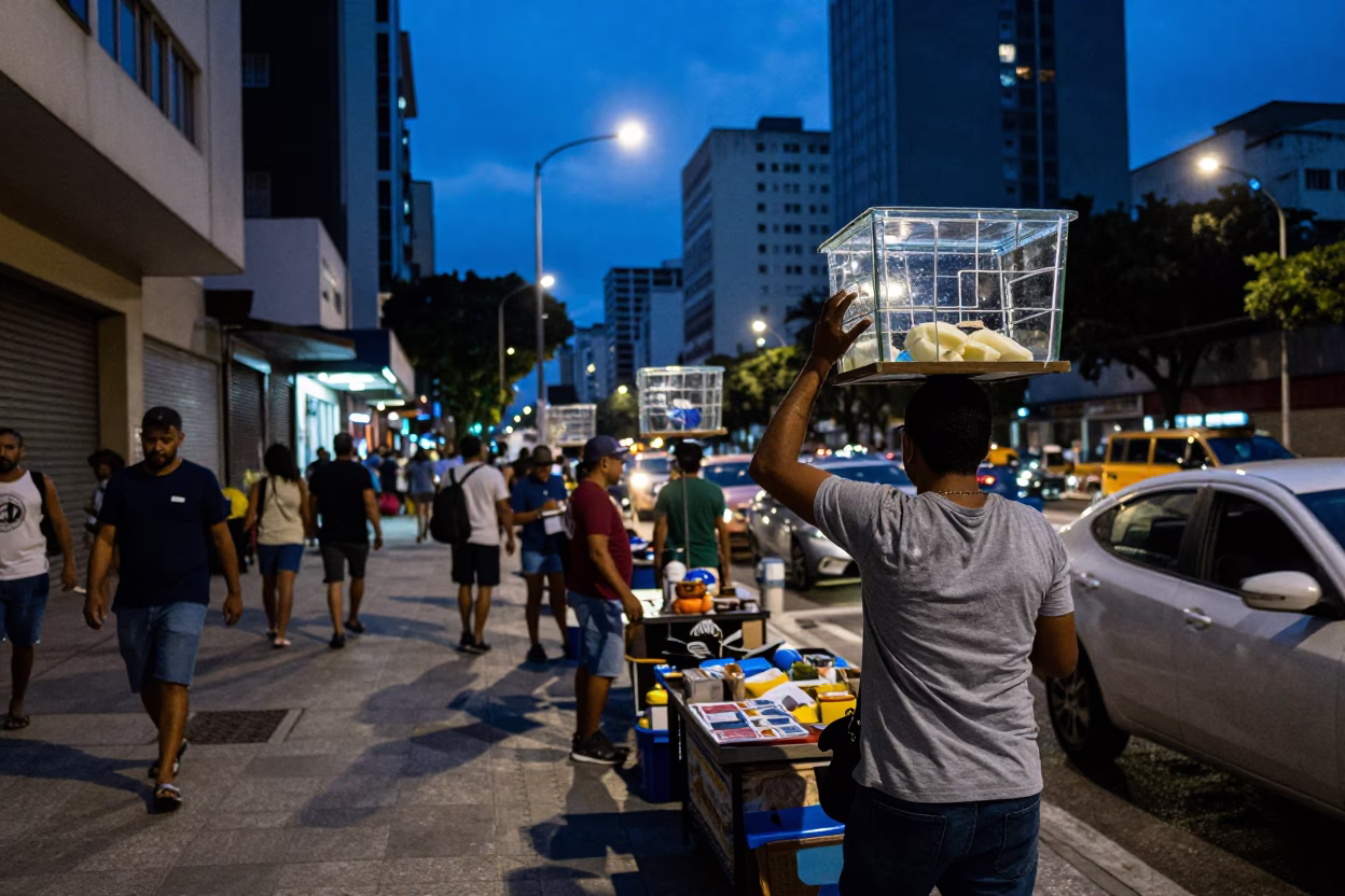 Busy São Paulo Street Scene at Dusk with Local Vendors and Urban Life in in São Paulo, Brazil