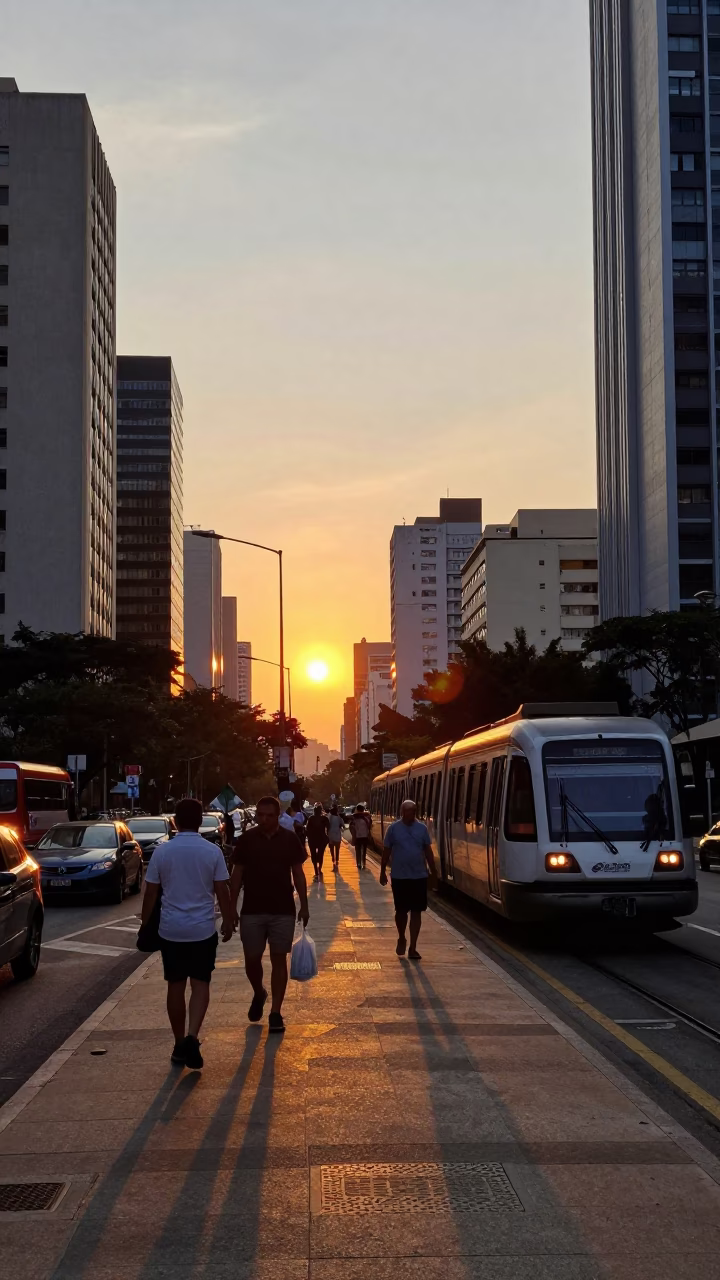 Busy São Paulo Street Scene at Sunset with Monorail and Train Station Clock in in São Paulo, Brazil