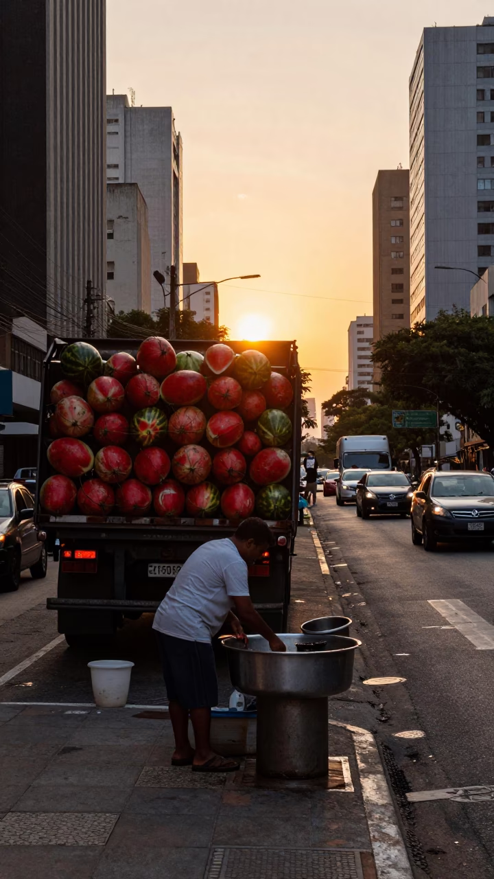 Busy São Paulo Street Scene at Sunset with Truck Laden with Watermelons in in São Paulo, Brazil