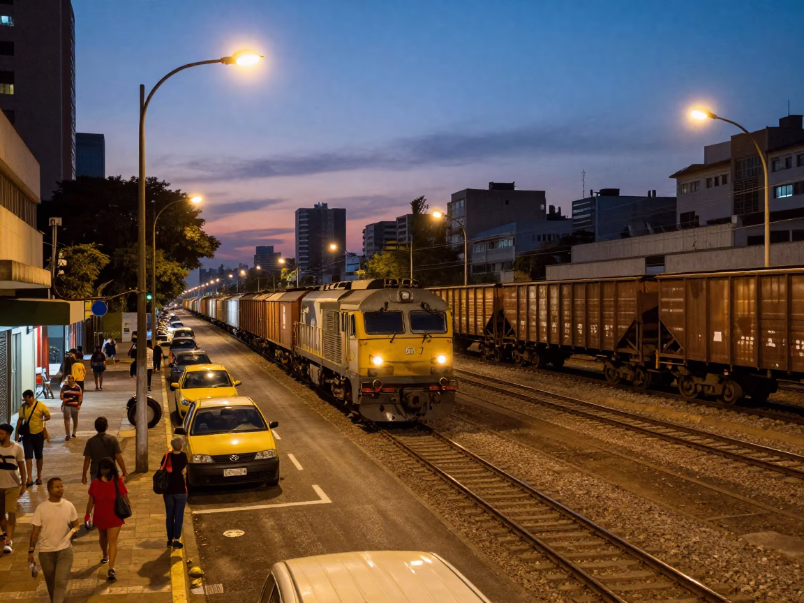 Busy São Paulo street scene at twilight with freight train and local vendor in in São Paulo, Brazil