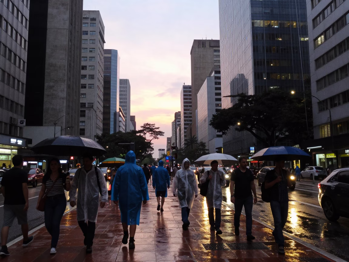 Busy São Paulo Street Scene Early Evening with Raincoats and Urban Activity in in São Paulo, Brazil