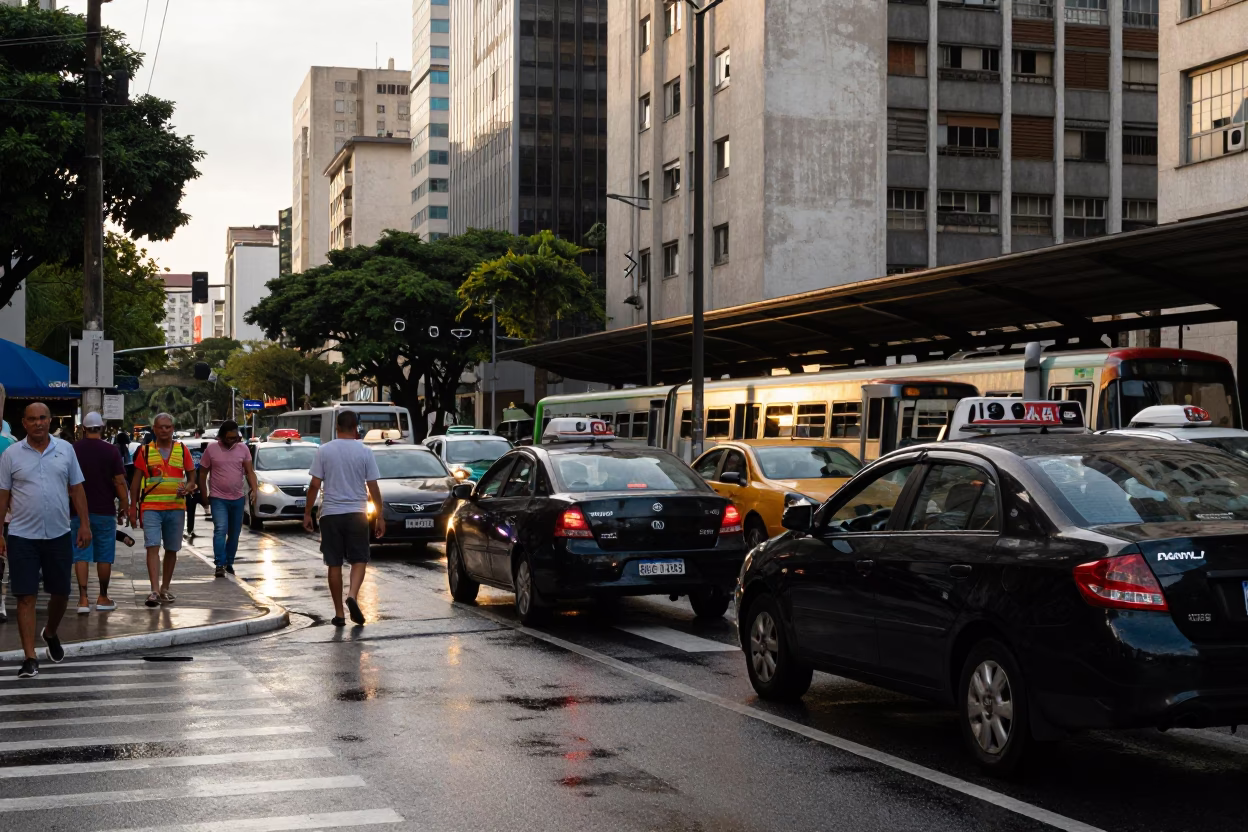 Busy Sao Paulo Street Scene Late Afternoon Light Puddle Reflections Taxi Rank in in São Paulo, Brazil