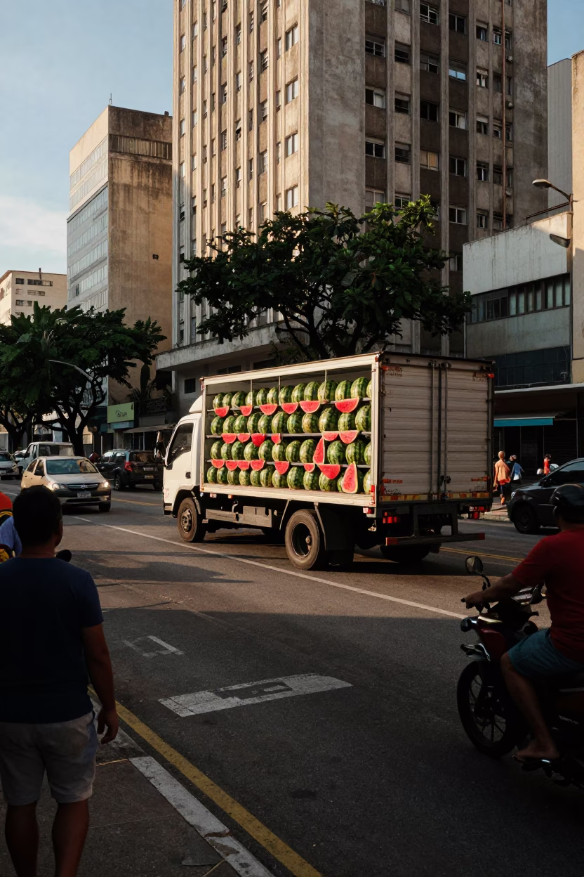 Busy São Paulo Street Scene Late Afternoon with Watermelon Truck and Urban Life in in São Paulo, Brazil