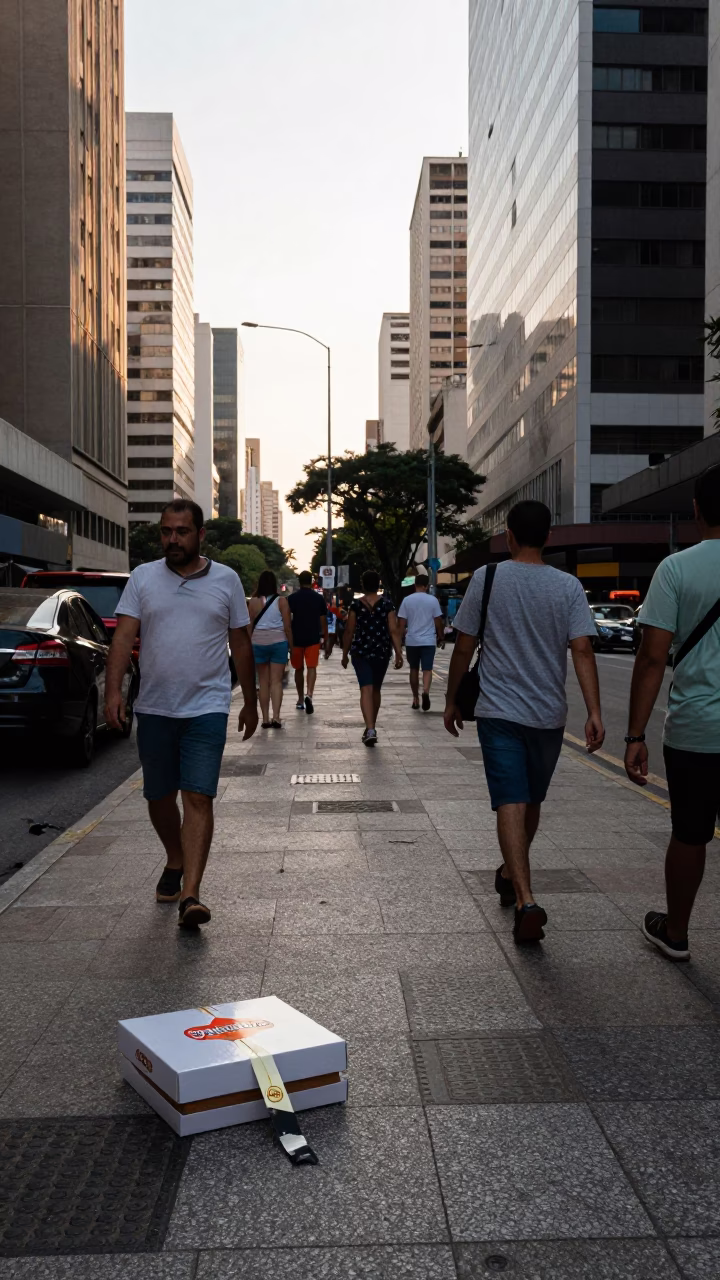 Busy São Paulo Street Scene with Pastry Box and Bookmark in in São Paulo, Brazil