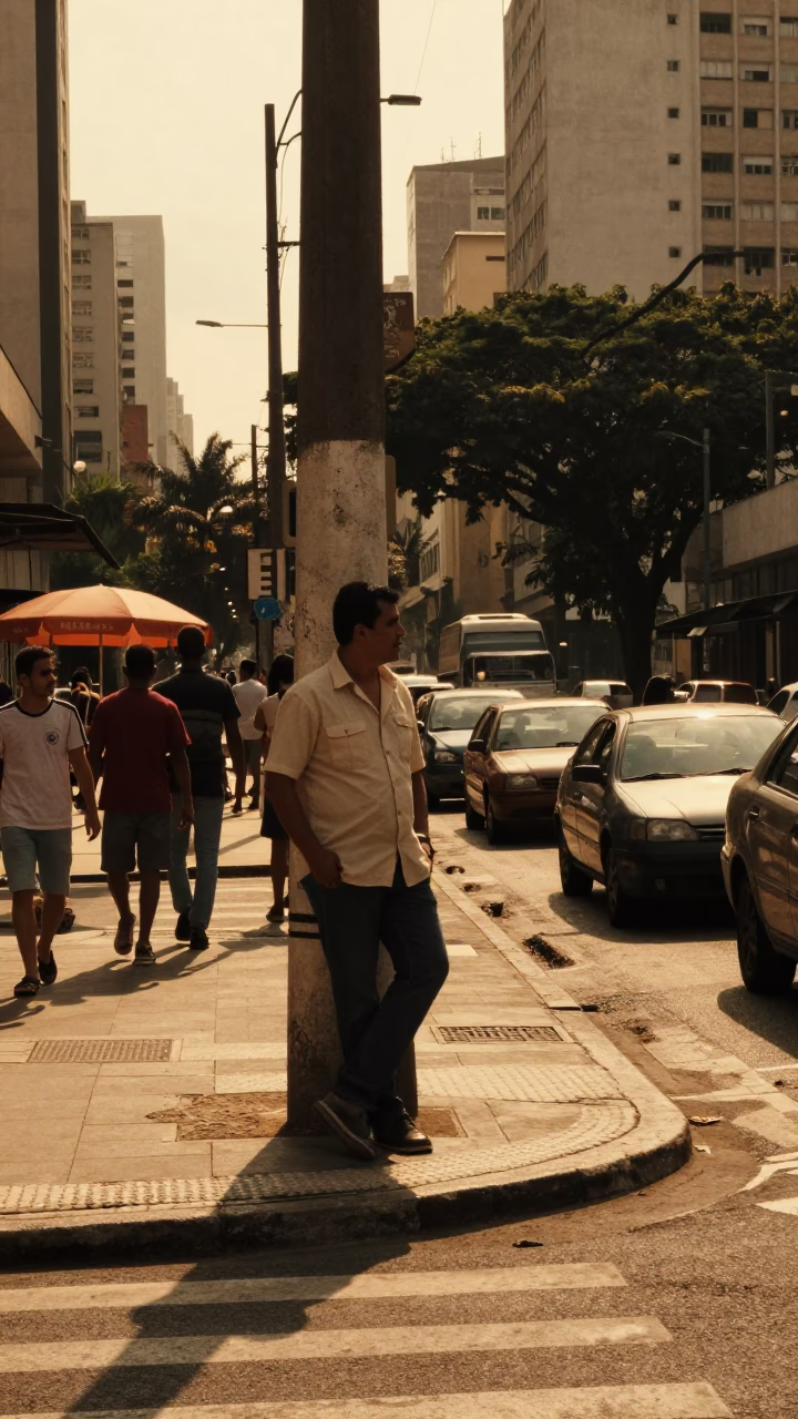 Busy São Paulo Street Scene with Vintage 1970s Details and Urban Activity in in São Paulo, Brazil