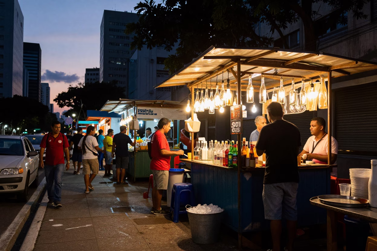 Busy Sao Paulo Street Stall Twilight Glass Bottles Metal Bucket Local Market Scene in in São Paulo, Brazil