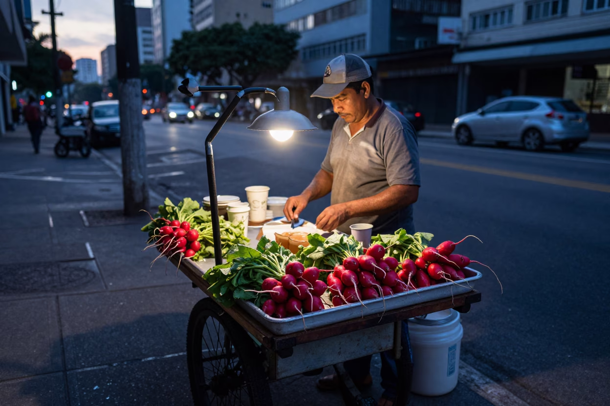 Busy São Paulo Street Vendor Selling Fresh Radishes and Coffee Before Sunrise in in São Paulo, Brazil