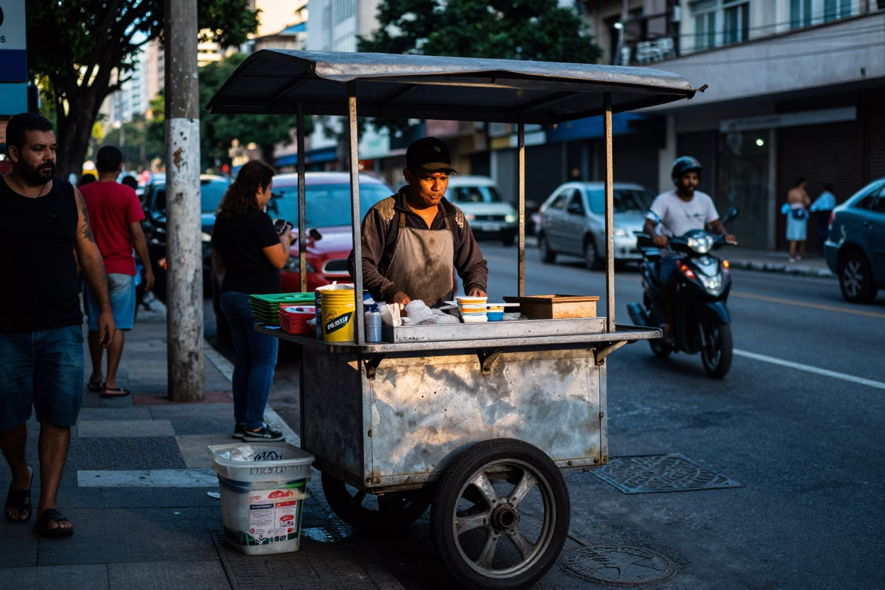 Busy Sao Paulo Street Vendor Stall with Scuffed Paint and Morning Light in in São Paulo, Brazil