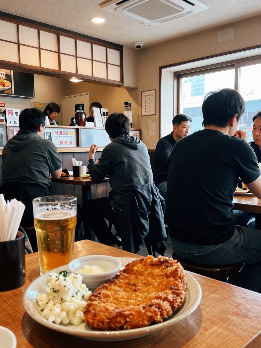 Busy Sapporo Cafe Interior with Beer and Local Diners in Early Afternoon Light in in Sapporo, Japan
