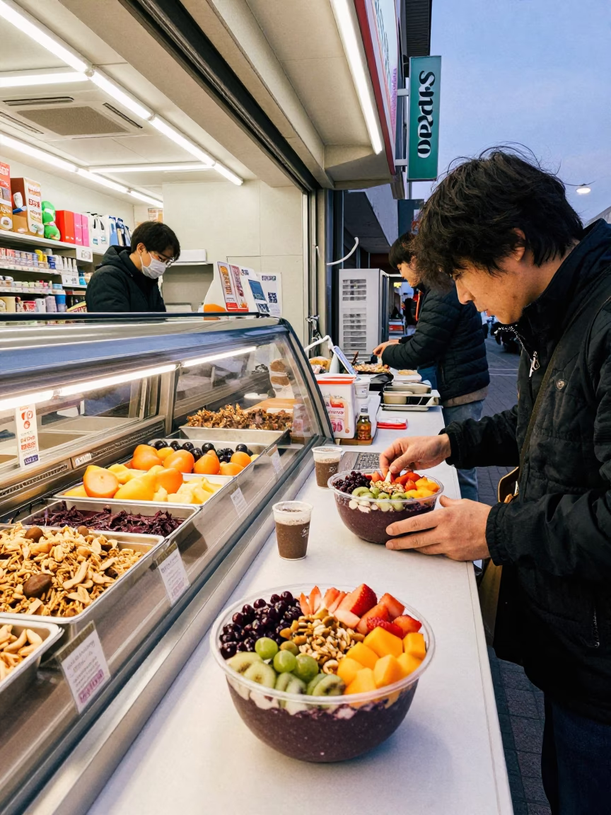 Busy Sapporo Convenience Store Acai Bowl Display Before Dawn in in Sapporo, Japan