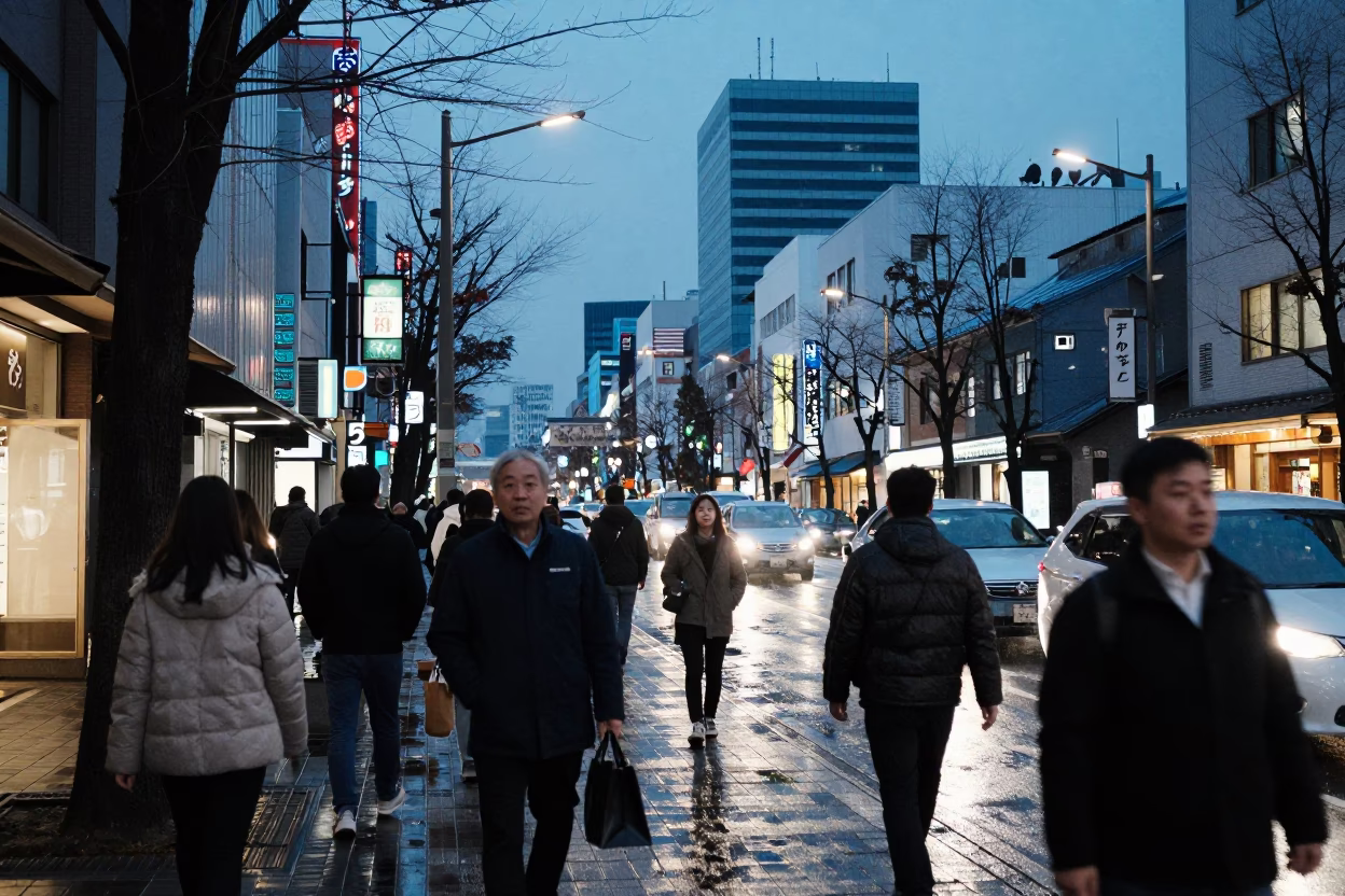 Busy Sapporo Evening Street Scene with Condensation on Cold Beverage and Local Urban Activity in in Sapporo, Japan